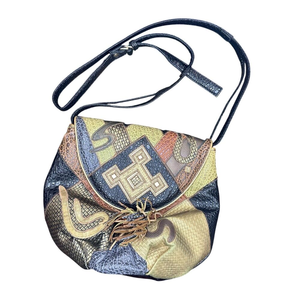 Vintage 80s 90s NAS Patchwork Purse Metallic Animal Skin Crossbody Bag
